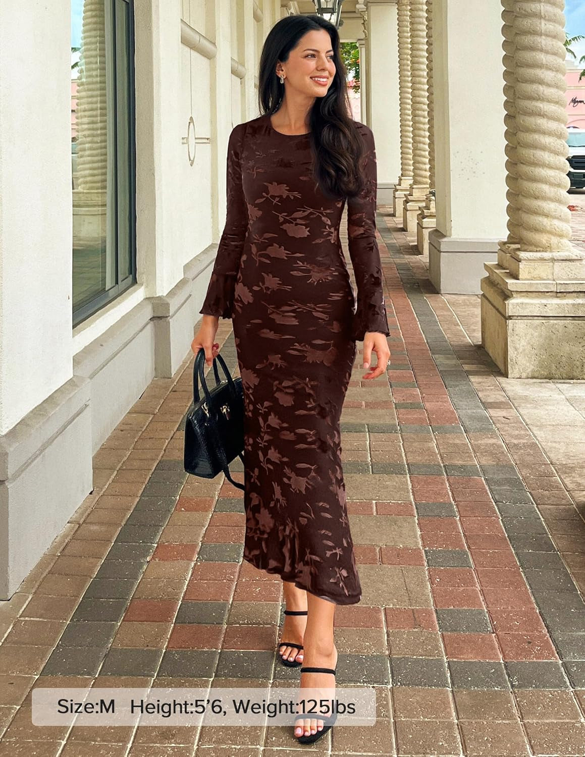 Women'S 2025 Bell Long Sleeve Floral Maxi Dress Fall Fashion Bodycon Mesh Wedding Guest Cocktail Party Dresses