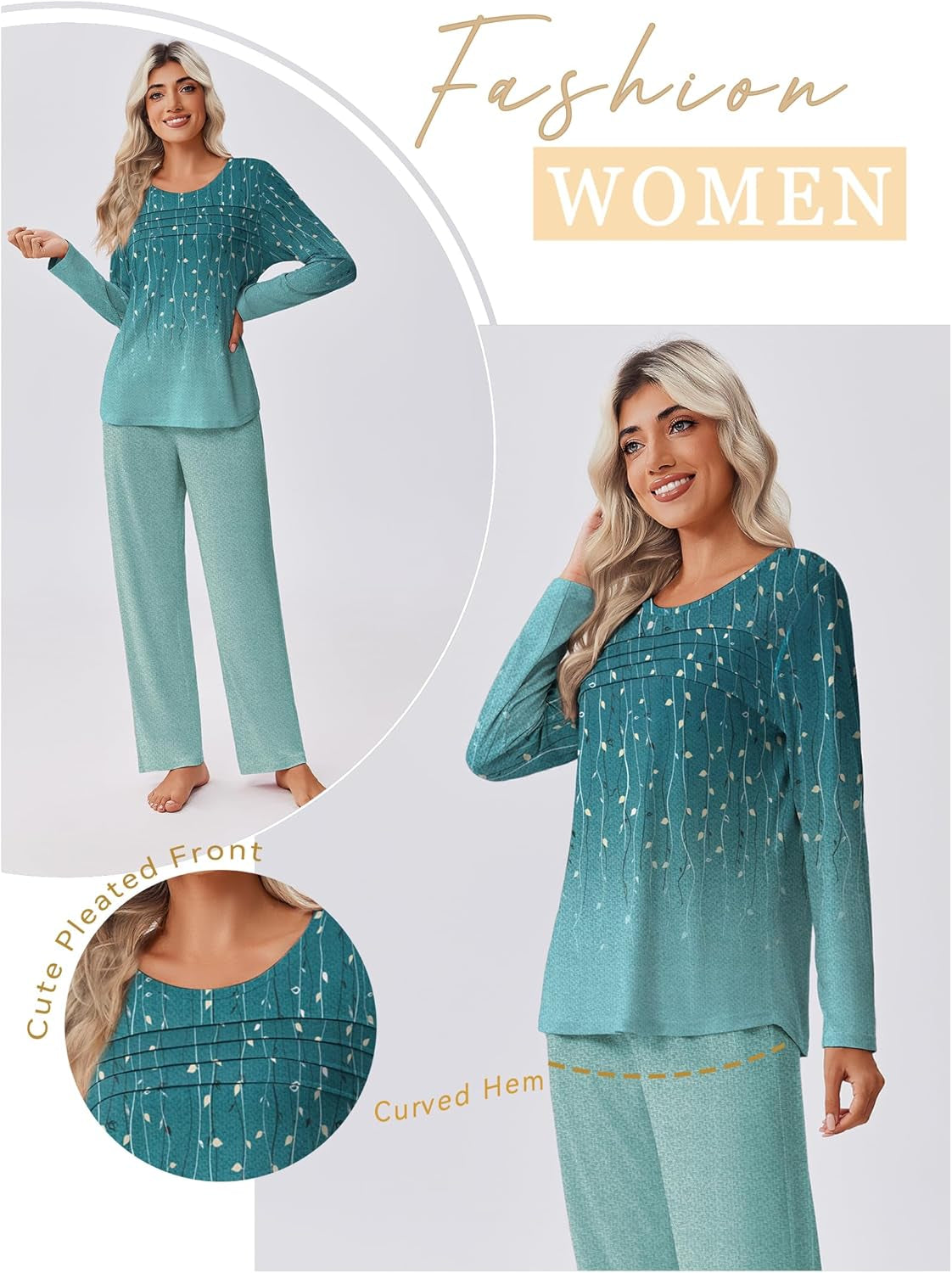 Womens Pajama Sets Pleated Tops with Long Pants Lounge Set Long Sleeve Fall Sleepwear Ladies Pjs S-XXL