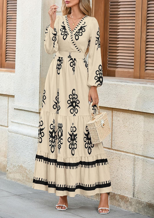 Women'S 2025 Fall Wedding Guest Dresses Boho Floral Long Sleeve V Neck Flowy Elegant Maxi Dress Beach Clothes