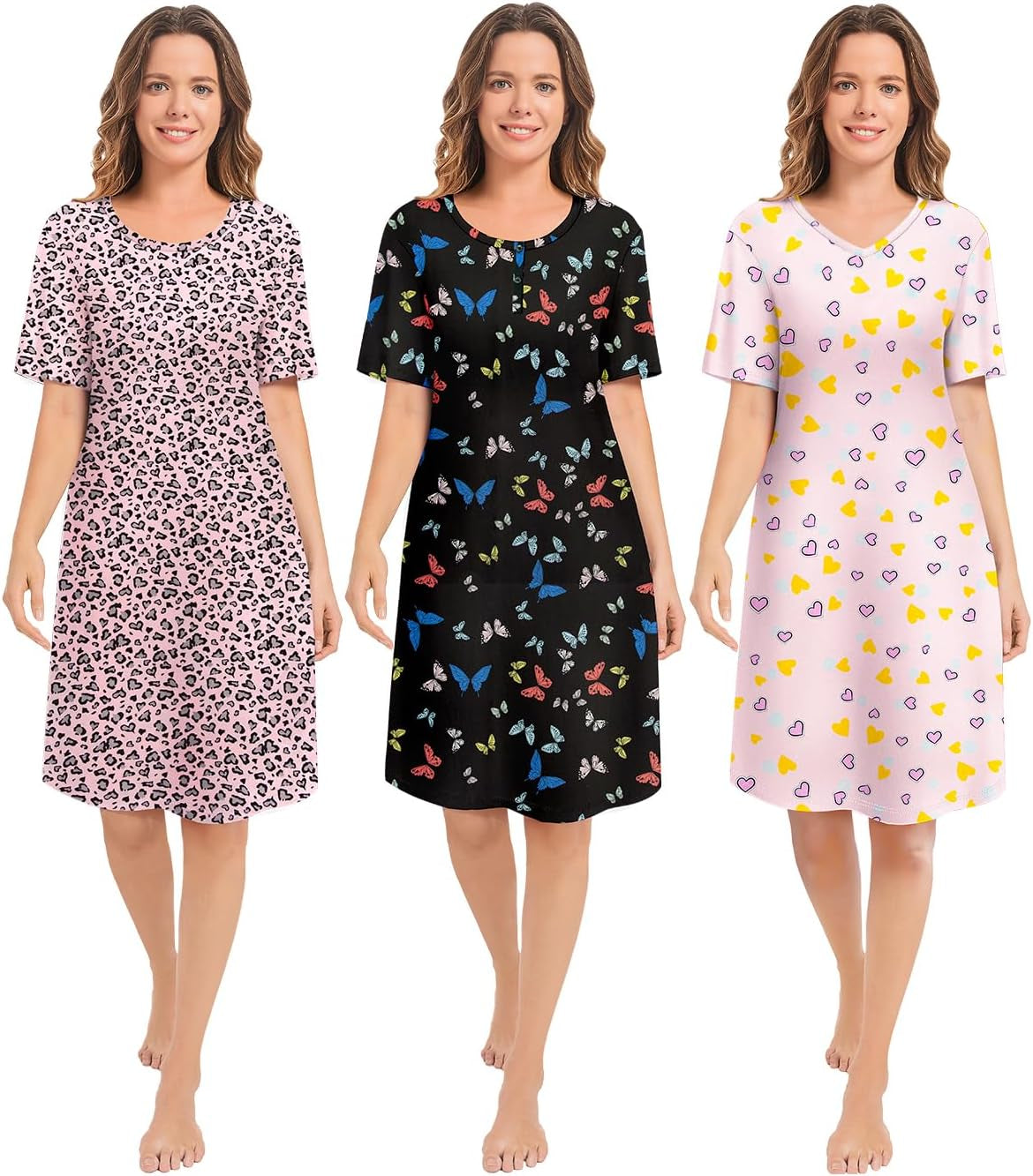 3 Pack Nightgowns for Women Short Sleeve Night Gown Soft Sleep Shirts Women'S Sleepwear Print Sleep Dress