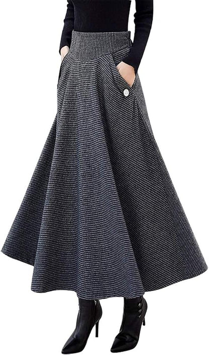 Women’S Fall Winter High Waisted Wool Plaid A-Line Long Skirt