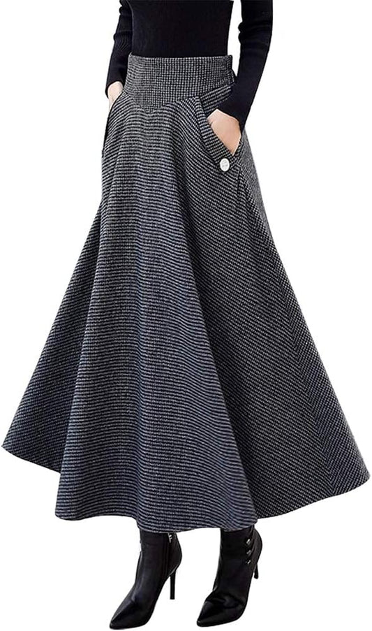 Women’S Fall Winter High Waisted Wool Plaid A-Line Long Skirt