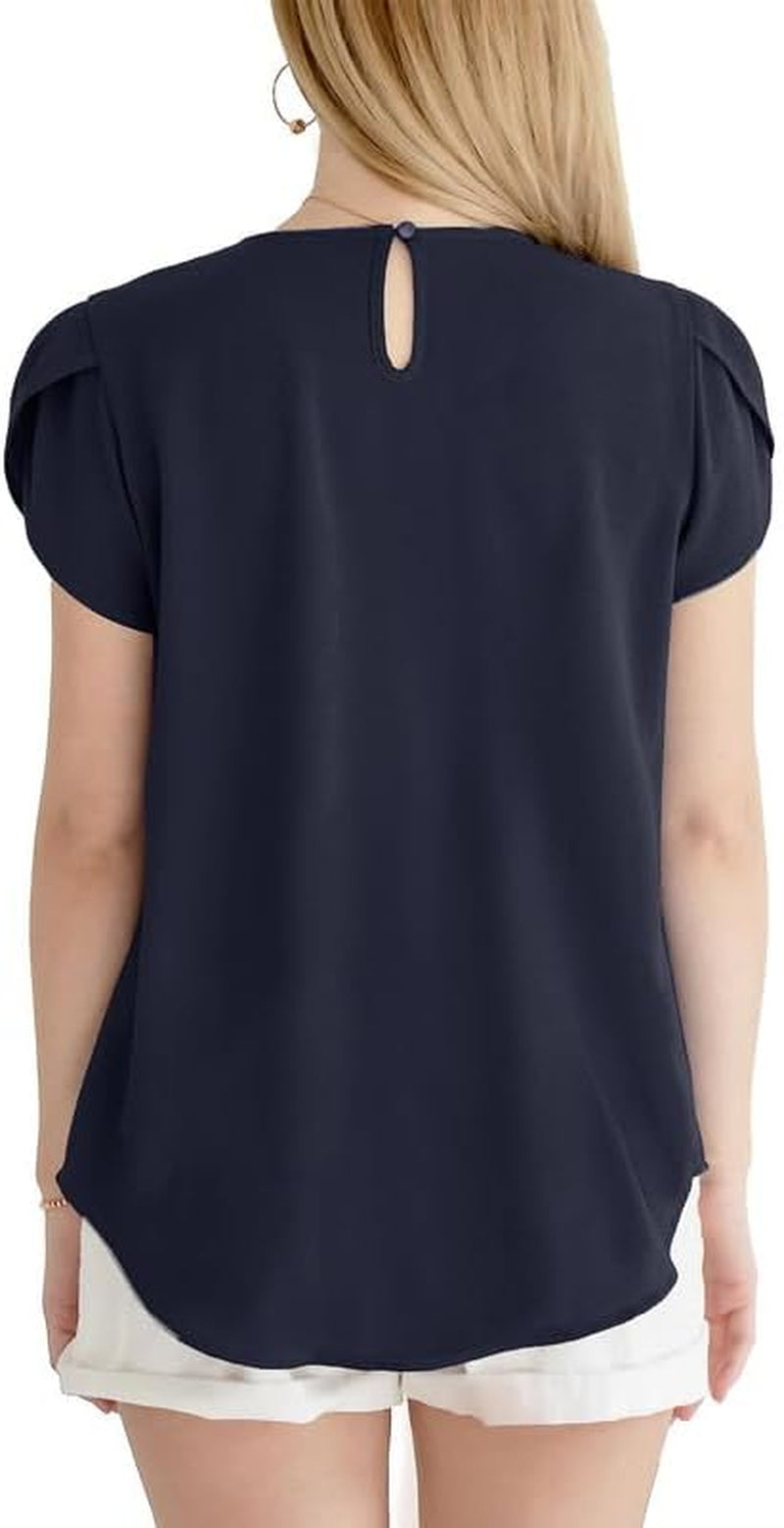 Women'S Casual round Neck Basic Pleated Tops Short Sleeve Loose Fit Curved Keyhole Back Chiffon Blouses Tshirts