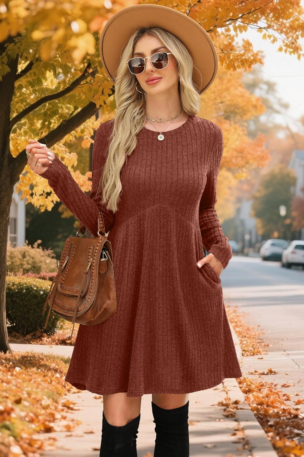 Long Sleeve Dress for Women Crew Neck Empire Waist Tunic Dress with Pockets