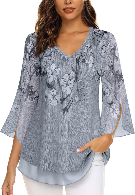 Women'S 3/4 Sleeve Floral Blouses Shirts Double Layers V Neck Dressy Tunics Tops