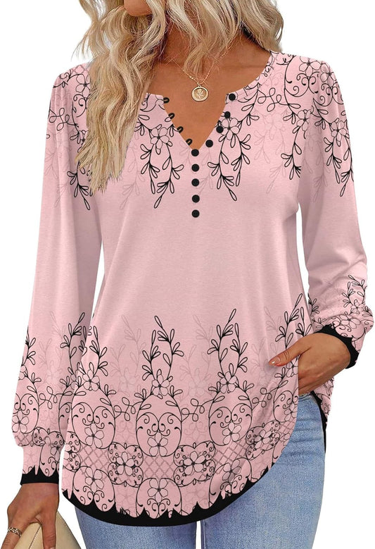 Fall Tops for Women Long Sleeve Button up Shirts Floral Tunics V Neck Pullover Blouse