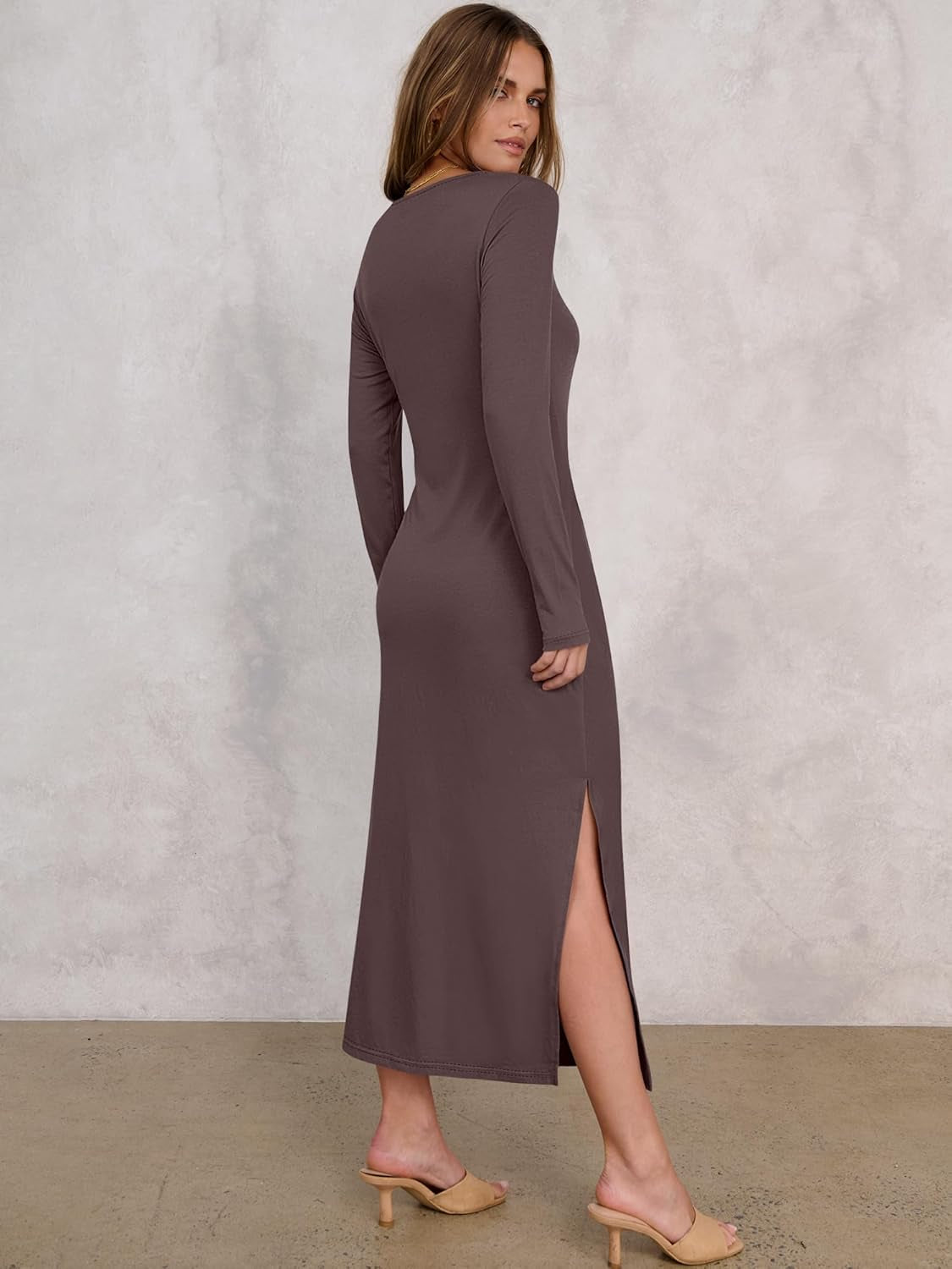 Womens 2025 Fall Long Sleeve Maxi Dress Crewneck Tie Waist Slit Casual Long T Shirt Dresses Winter Trendy Outfits