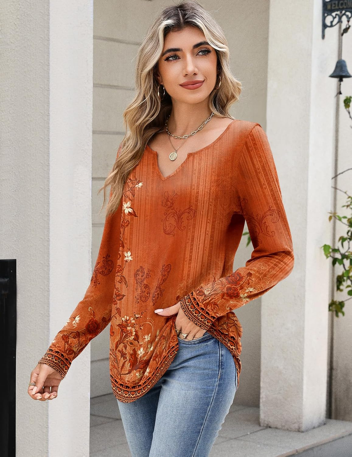 Long Sleeve Shirts for Women Fall V Neck Tops Casual Dressy Blouse Boho Tunic Business Work Clothes School Outfit