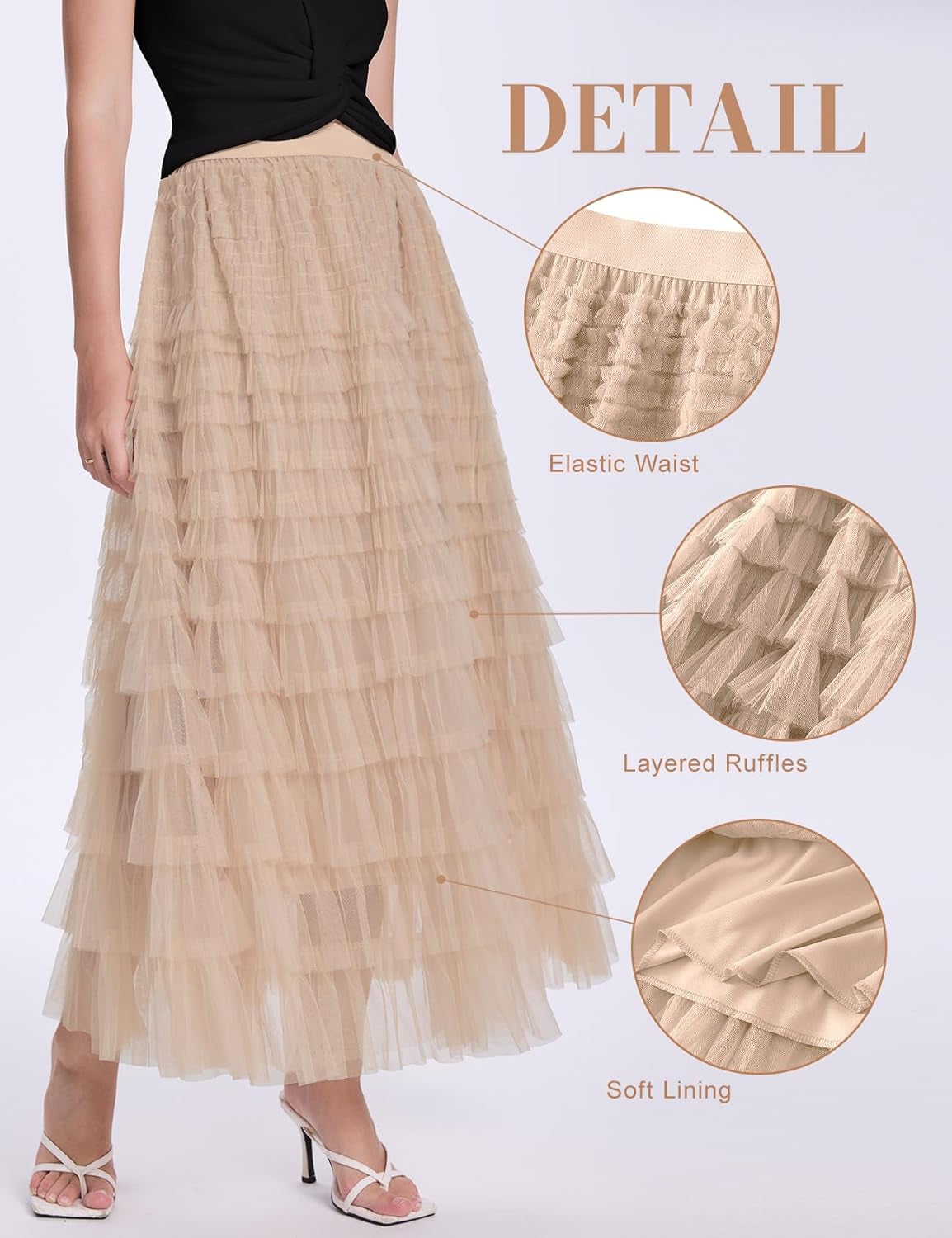 Tulle Maxi Skirts for Women, High Waist A-Line Flowy Elegant Party Wedding Guest Casual Skirt