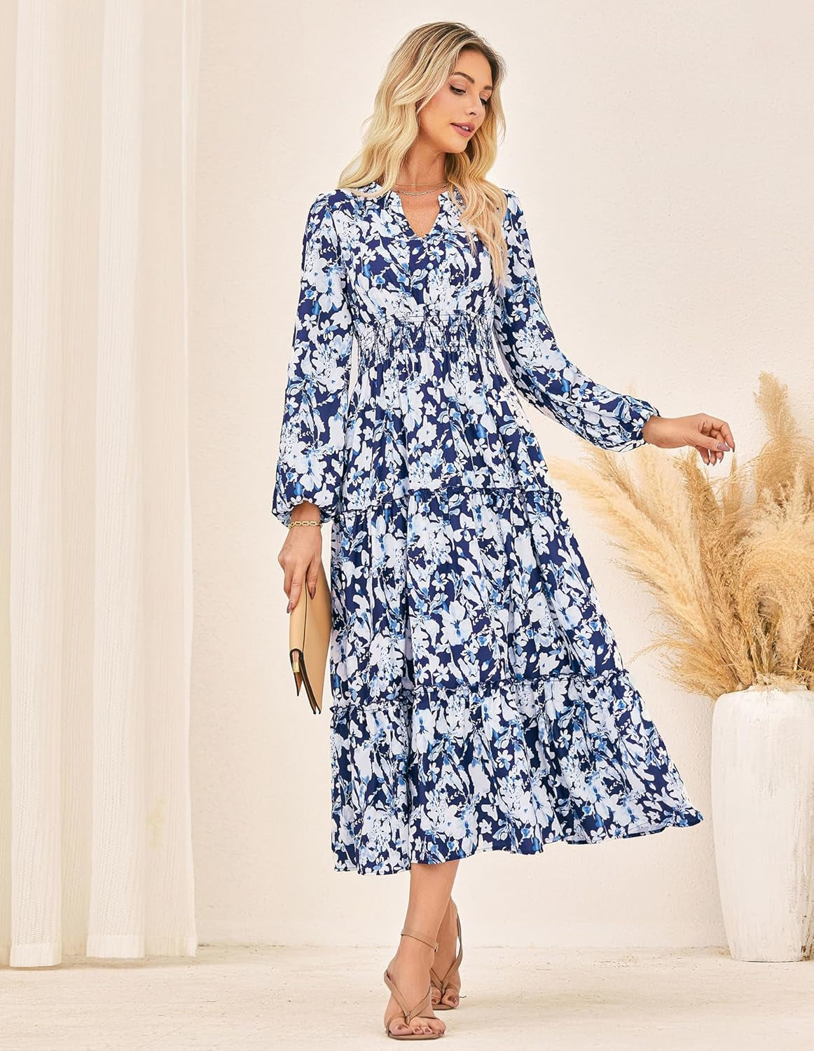 Women Floral Maxi Dress,2025 Fall Long Sleeve Casual Dresses,V Neck Boho Flowy Elegant Dress with Pockets