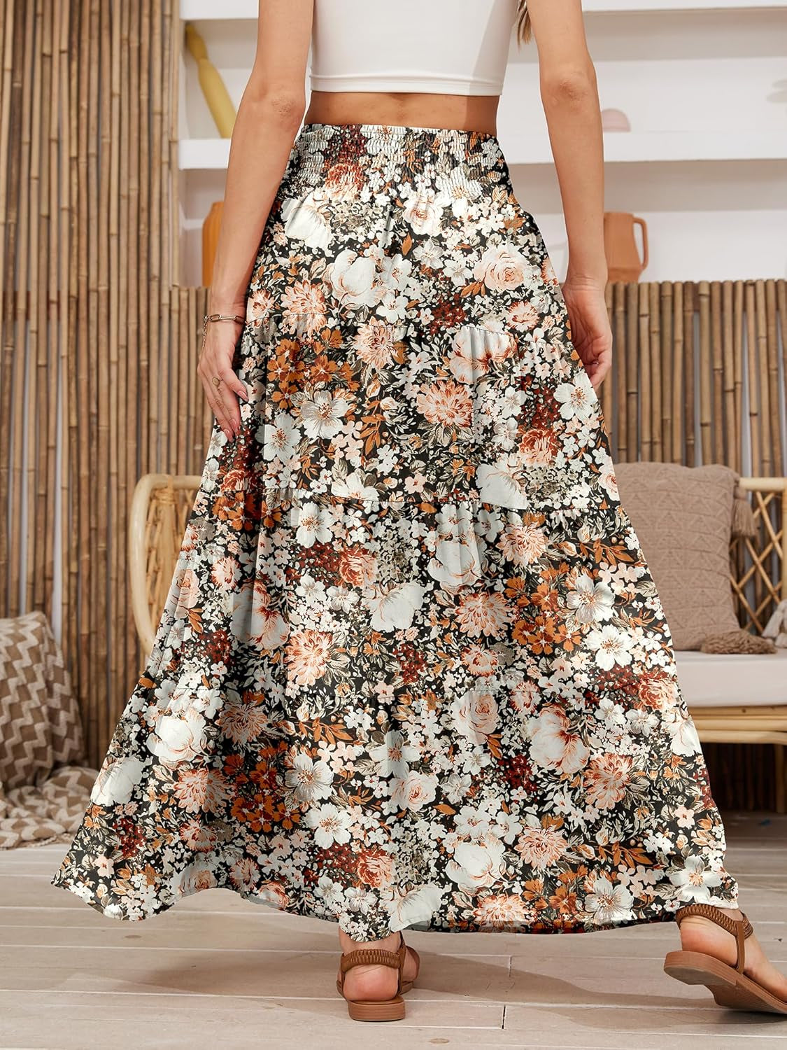 Womens Ruffle Maxi Skirts:High-Waist Elastic Pleated Long Skirt-Summer Casual Boho Flowy Skirts with Drawstring