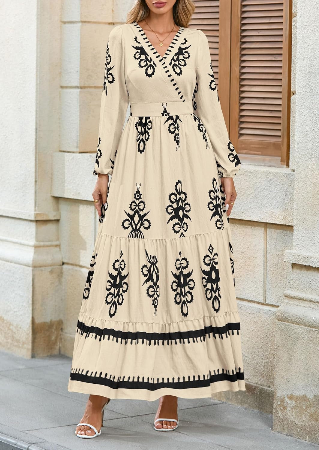 Women'S 2025 Fall Wedding Guest Dresses Boho Floral Long Sleeve V Neck Flowy Elegant Maxi Dress Beach Clothes