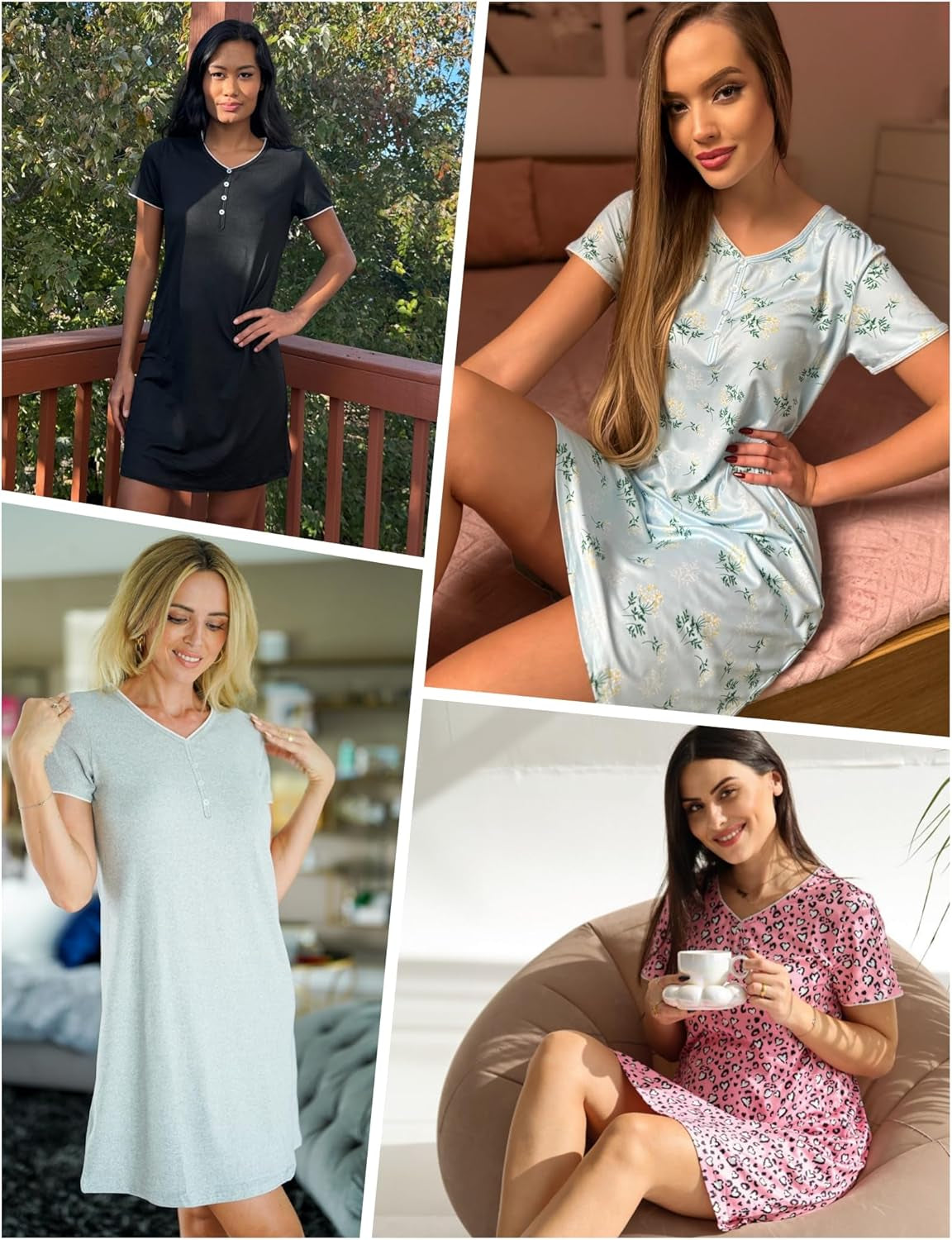 Sleep Shirts for Women Nightgown Short Sleeve Night Shirts V Neck Casual Print Sleepwear Dress S-2XL