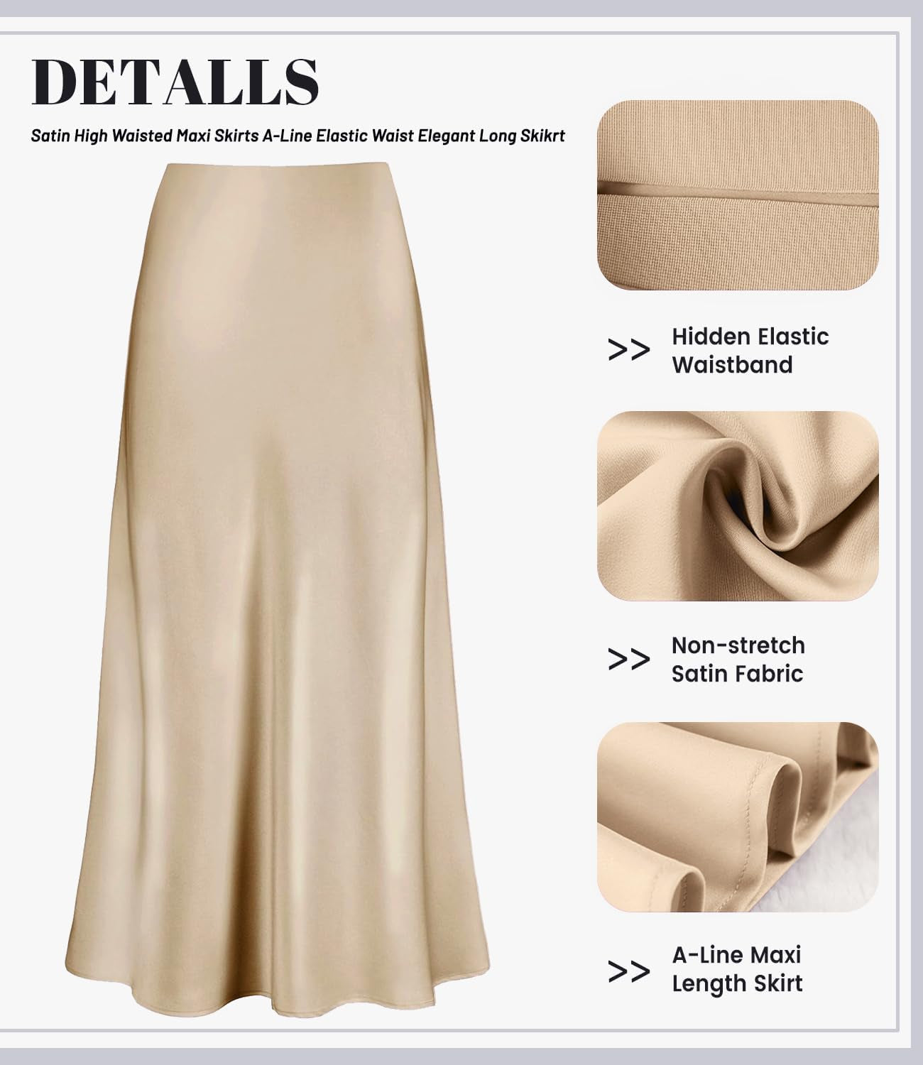 Women'S Satin High Waisted Maxi Skirts Hidden Elasticized Waistband a Line Long Skirt