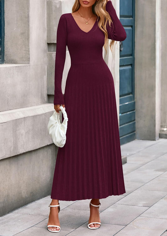 Women Sweater Dress Fall Fashion 2025 Long Sleeve V Neck Ribbed Knit Pleated a Line Elegant Maxi Winter Dresses