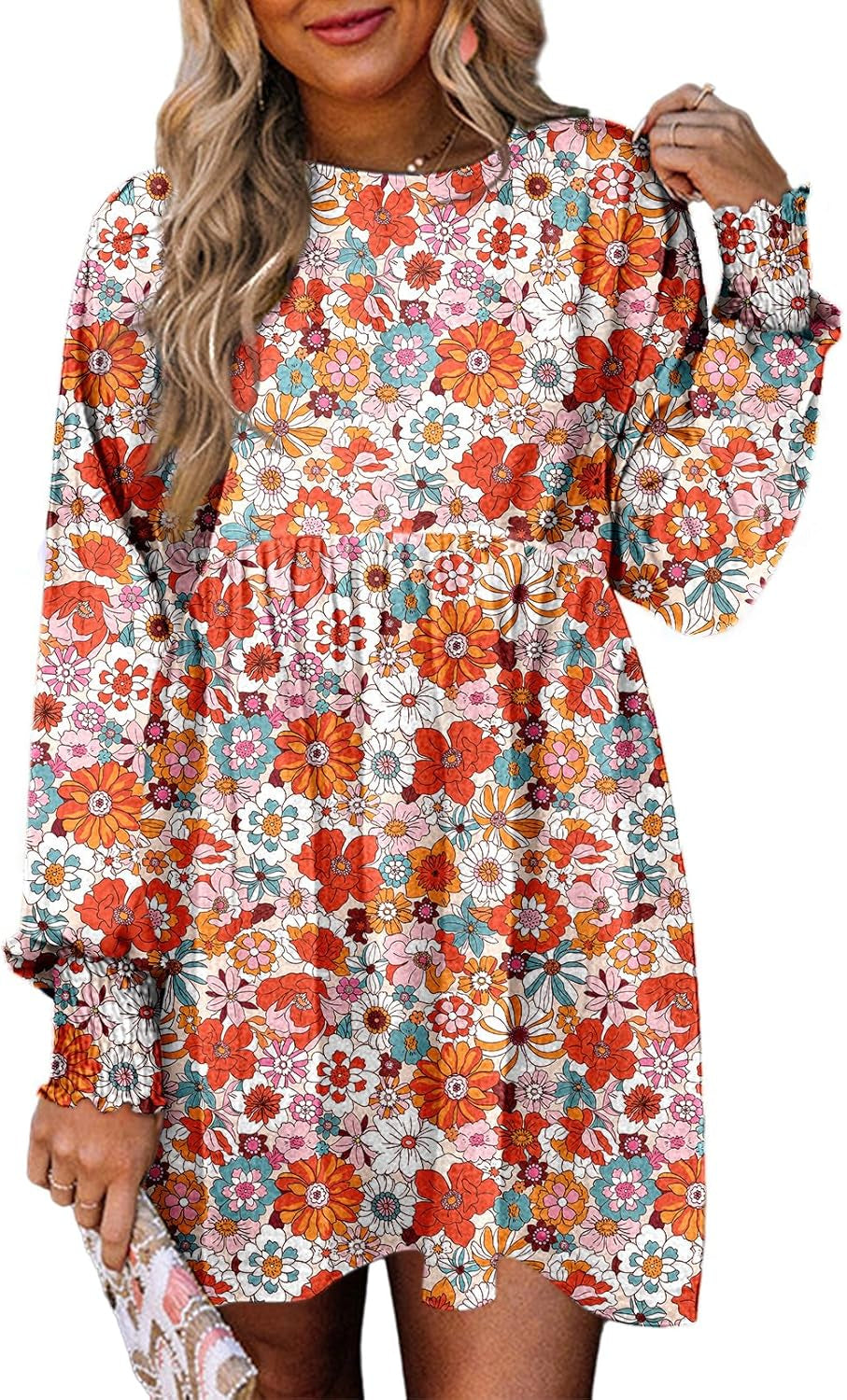 Fall Dresses for Women 2025 Floral Flowy Boho Dresses Long Sleeve Empire Waist Babydoll Mini Dress