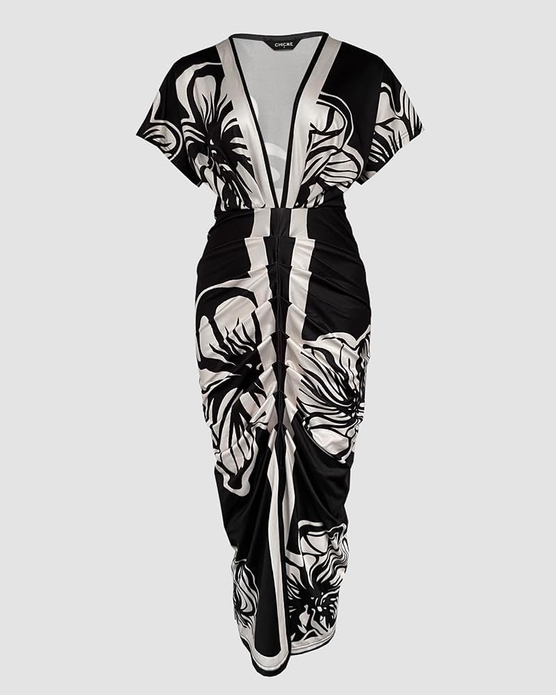 Summer Dresses for Women Floral Print Plunge V Neck Midi Dress Casual Ruched Slit Bodycon Party Dress