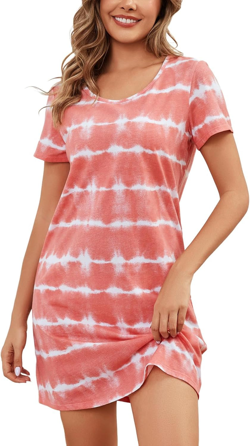 Women'S Cotton Nightgown Sleepwear Short Sleeves Nightshirt Casual Print Sleepdress Loose Comfy Pajama