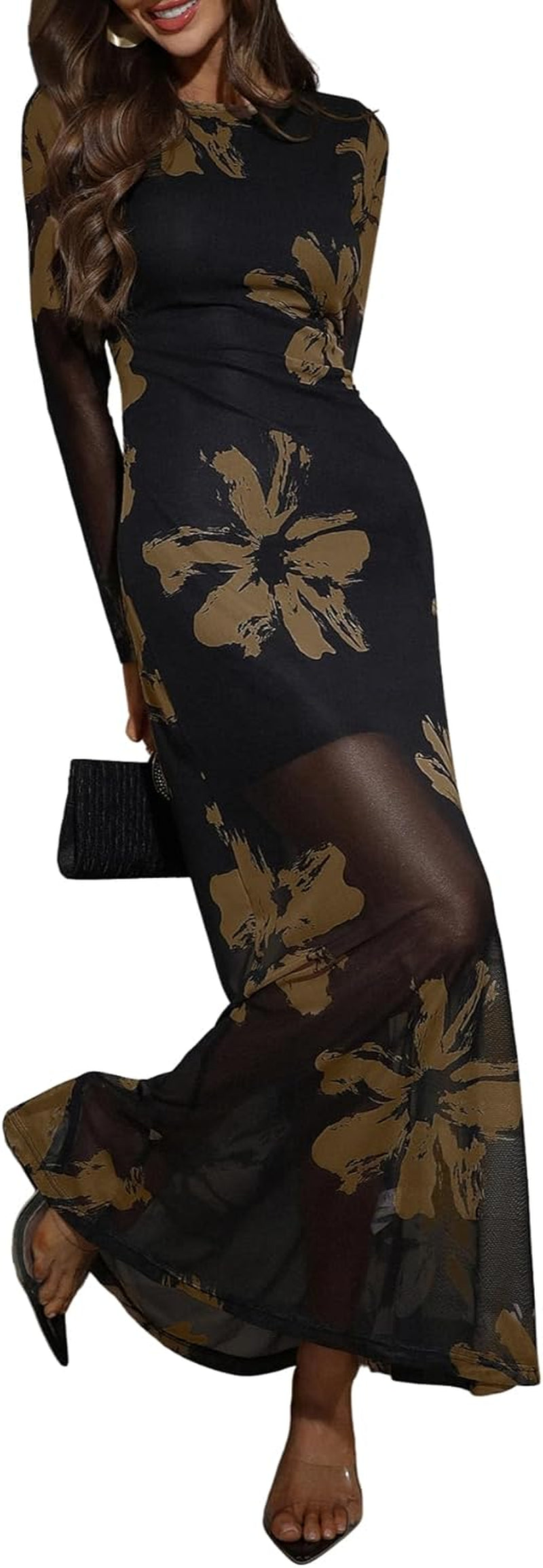 Women'S Floral Mesh Maxi Dresses Long Sleeve Elegant Formal Fall Wedding Guest Dress Cocktail Slimming Dress