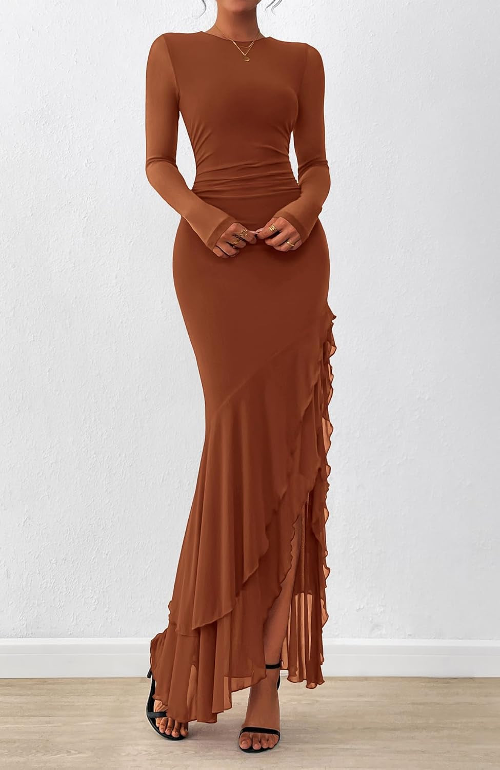 Women'S Maxi Dresses Fall 2025 Long Sleeve Ruched Bodycon Solid Ruffle Mermaid Cocktail Wedding Guest Dress