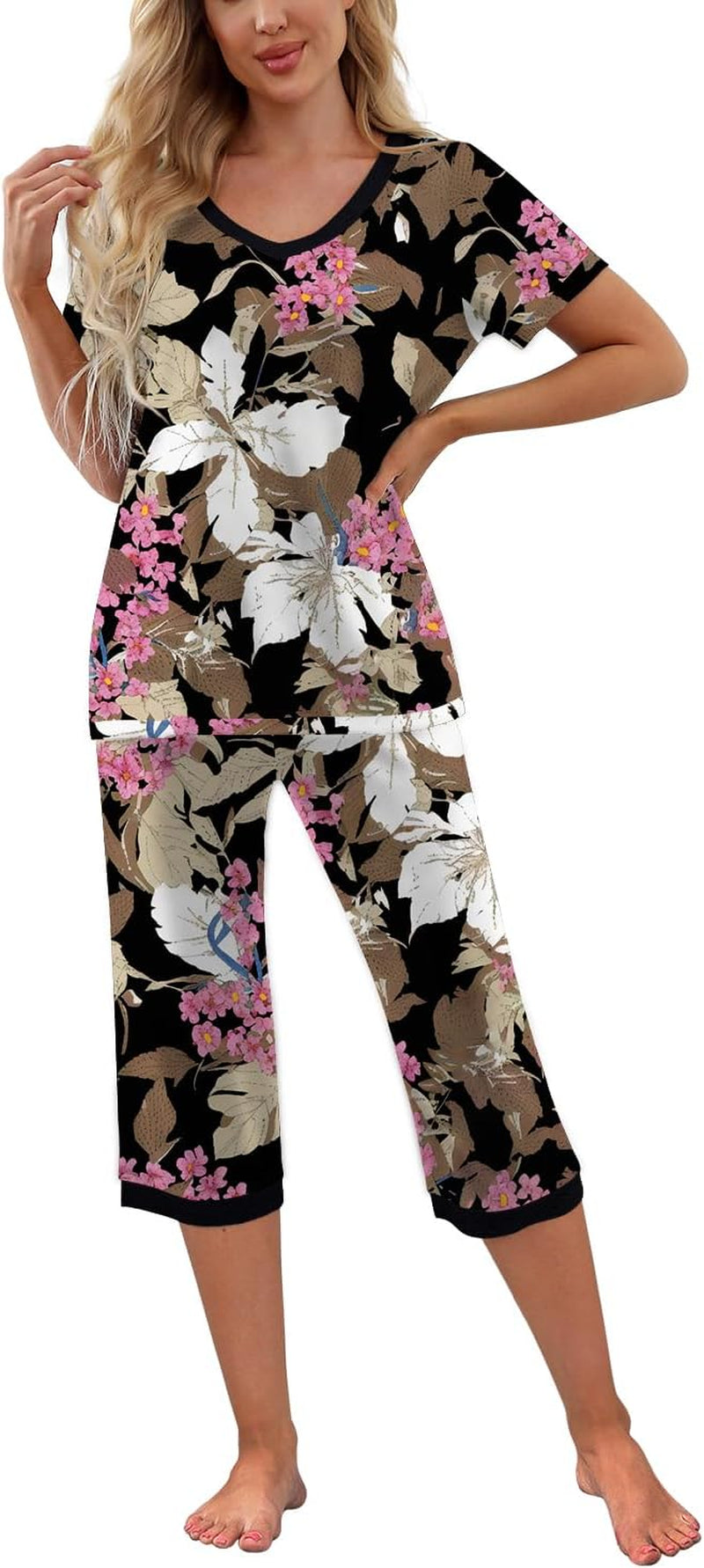 Women'S Pajama Set Short Sleeve Shirt and Capri Pants Sleepwear Pjs Sets with Pockets