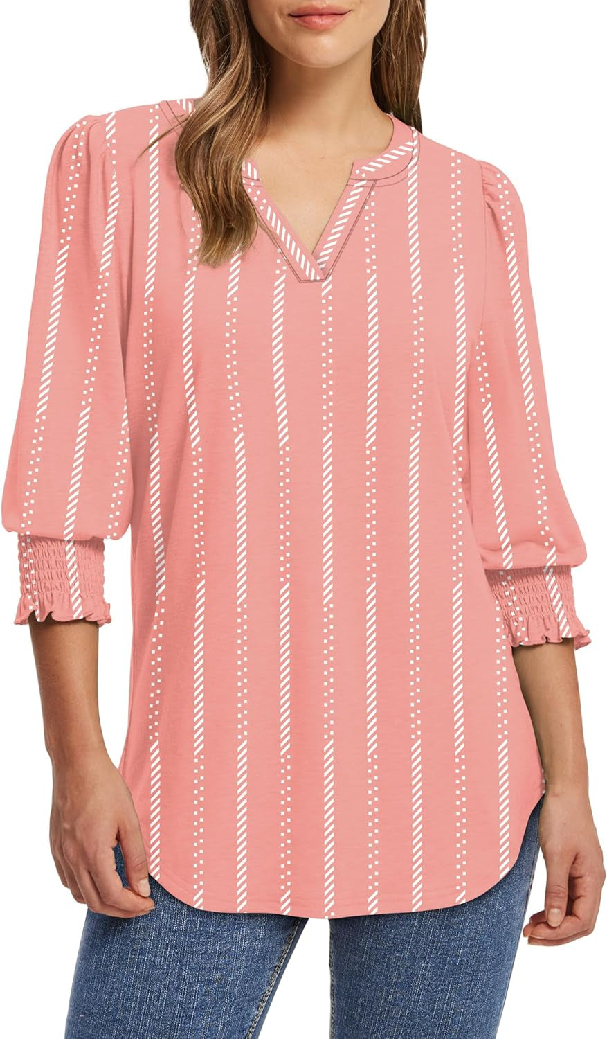 Blouses for Women Dressy Casual 3/4 Length Sleeve Womens Tops V Neck T Shirts with Smocked Cuffs