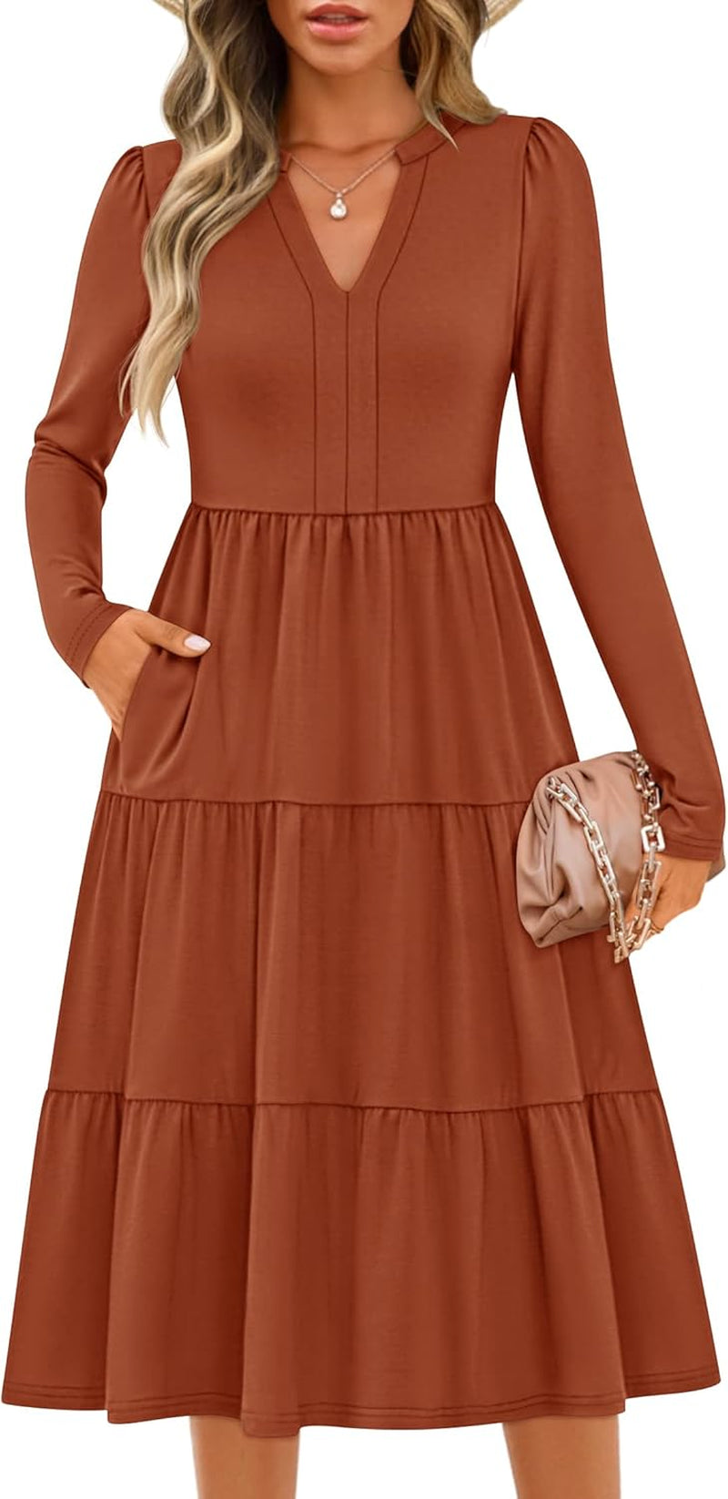 Women'S Long Sleeve Fall Dresses 2025 Fashion V Neck Casual Loose Ruffle Flowy a Line Tiered Midi Dress