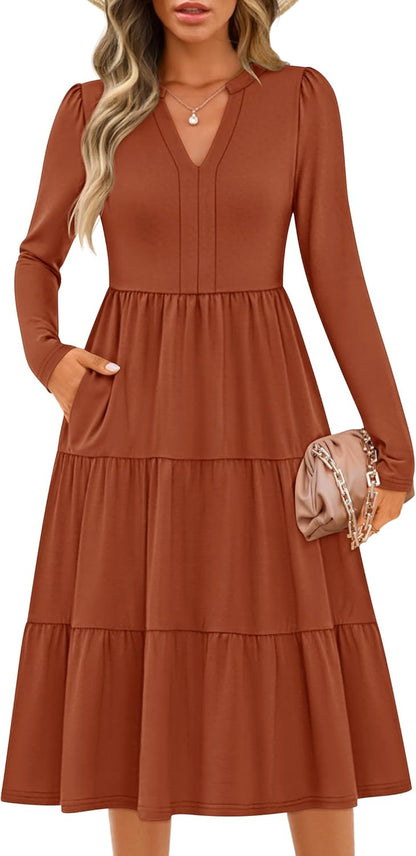 Women'S Long Sleeve Fall Dresses 2025 Fashion V Neck Casual Loose Ruffle Flowy a Line Tiered Midi Dress