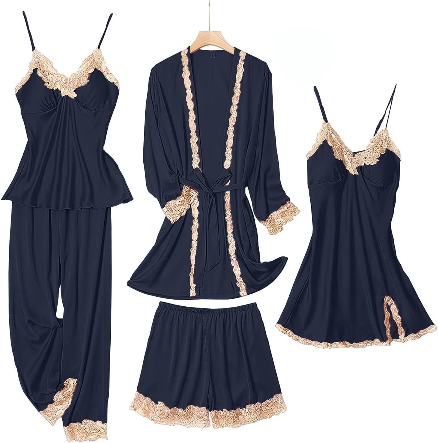 Womens Pajama Sets 5PCS Silk Pajamas for Women Cute Sleepwear Loungewear Satin Pajamas Sets for Women Soft