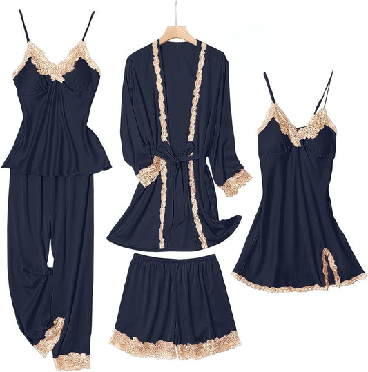 Womens Pajama Sets 5PCS Silk Pajamas for Women Cute Sleepwear Loungewear Satin Pajamas Sets for Women Soft