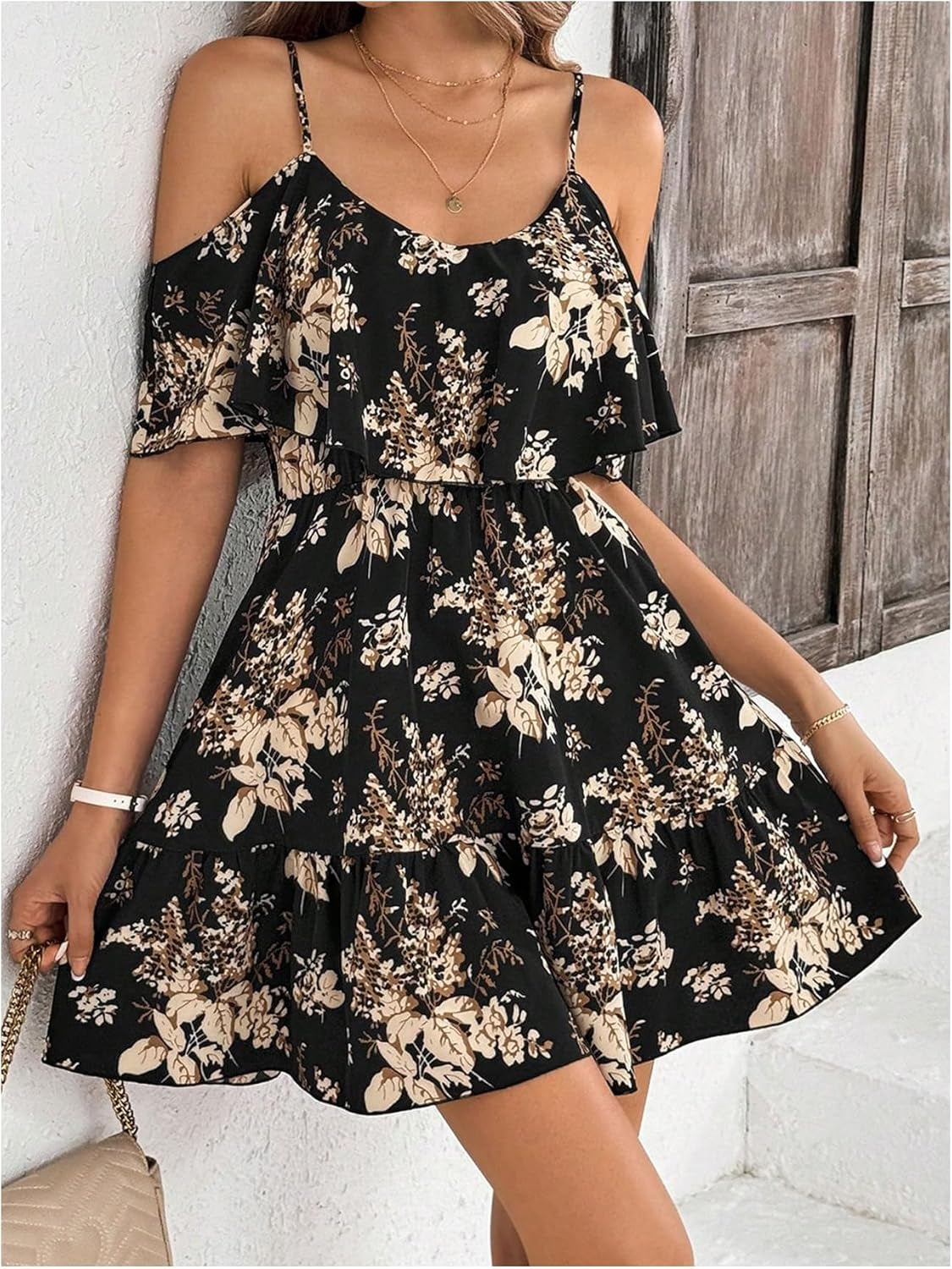 Women'S Boho Floral Print Cold Shoulder Dress Short Sleeve Ruffle a Line Vacation Elegant Mini Dresses
