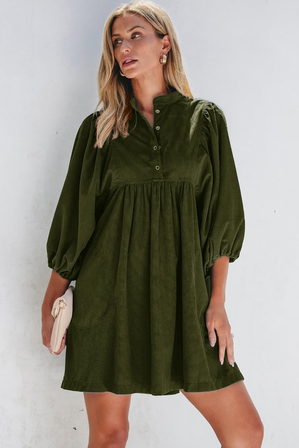 Womens Casual Dresses Corduroy Button up Empire Waist 3/4 Sleeve Fall Winter Mini Babydoll Dress