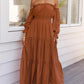Women'S 2025 Boho Sexy off Shoulder Long Sleeve Smocked High Waist Side Split Flowy a Line Tiered Long Maxi Dress