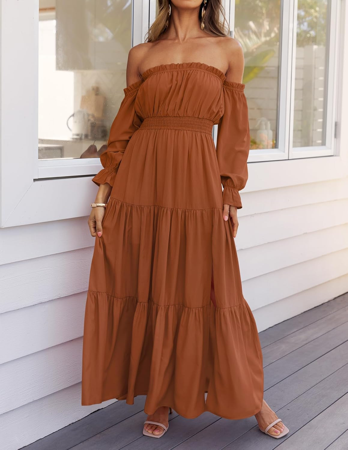Women'S 2025 Boho Sexy off Shoulder Long Sleeve Smocked High Waist Side Split Flowy a Line Tiered Long Maxi Dress