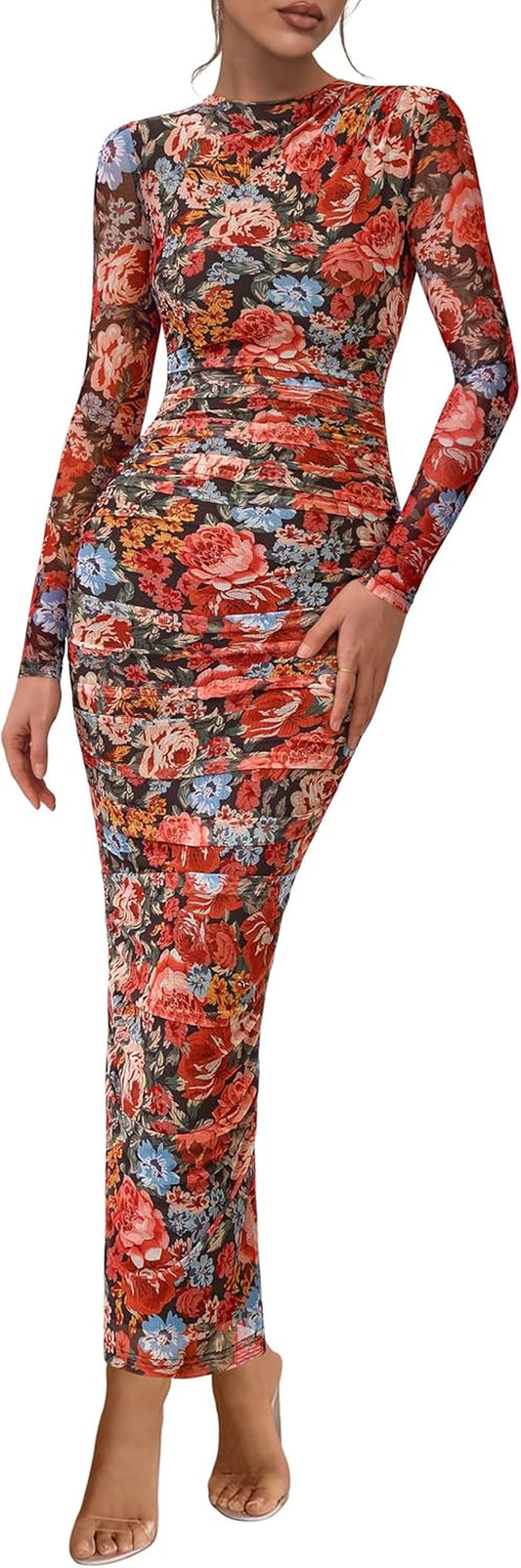 Women'S Long Sleeve Maxi Dress 2025 Fall Ruched Bodycon Floral Mesh Formal Wedding Guest Cocktail Party Dresses