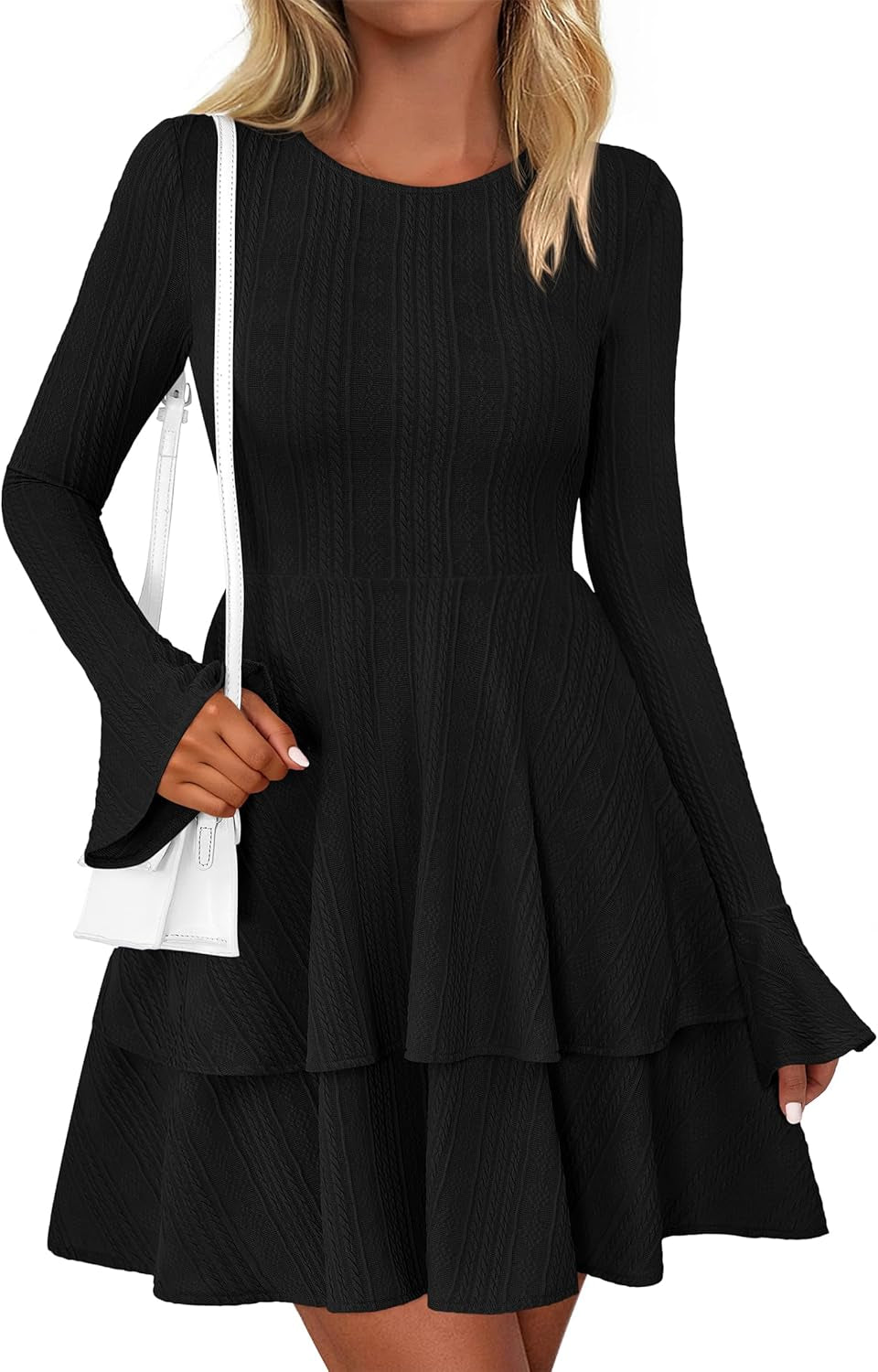 Womens Fall Fashion 2025 Long Bell Sleeve Mini Sweater Dress Casual Crewneck a Line Knit Short Cocktail Dresses