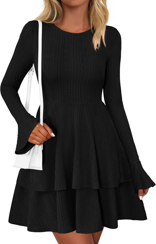 Womens Fall Fashion 2025 Long Bell Sleeve Mini Sweater Dress Casual Crewneck a Line Knit Short Cocktail Dresses