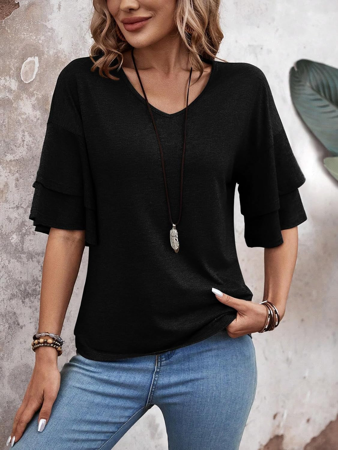 Womens Blouses Ruffle Sleeve Top V Neck Shirts Casual Outfit Bell Sleeve Cute Tee Spring Fall Summer Fashion Clothes