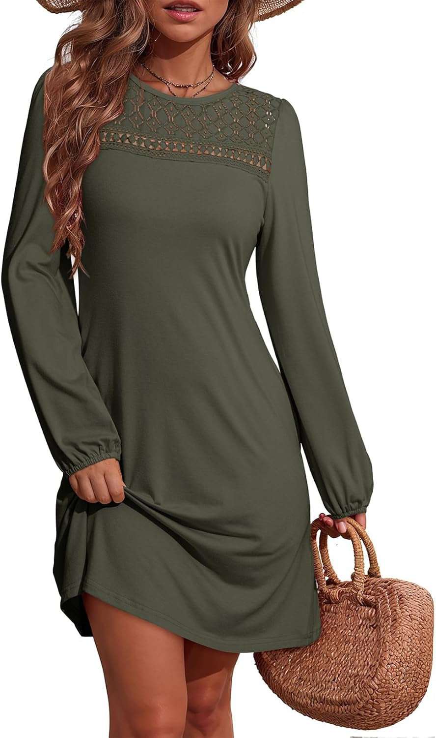 Fall Dresses for Women 2025 Crew Neck Long Sleeve a Line Shift Dress Solid Color Loose Fit Mini Dress