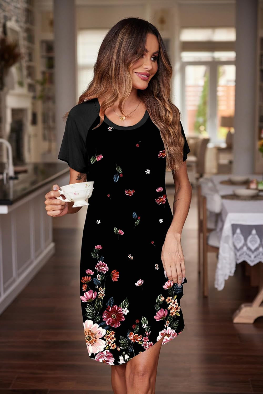 Womens Nightgown Short Sleeve Night Dress Printed Sleepwear Soft Sleep Shirt S-3XL