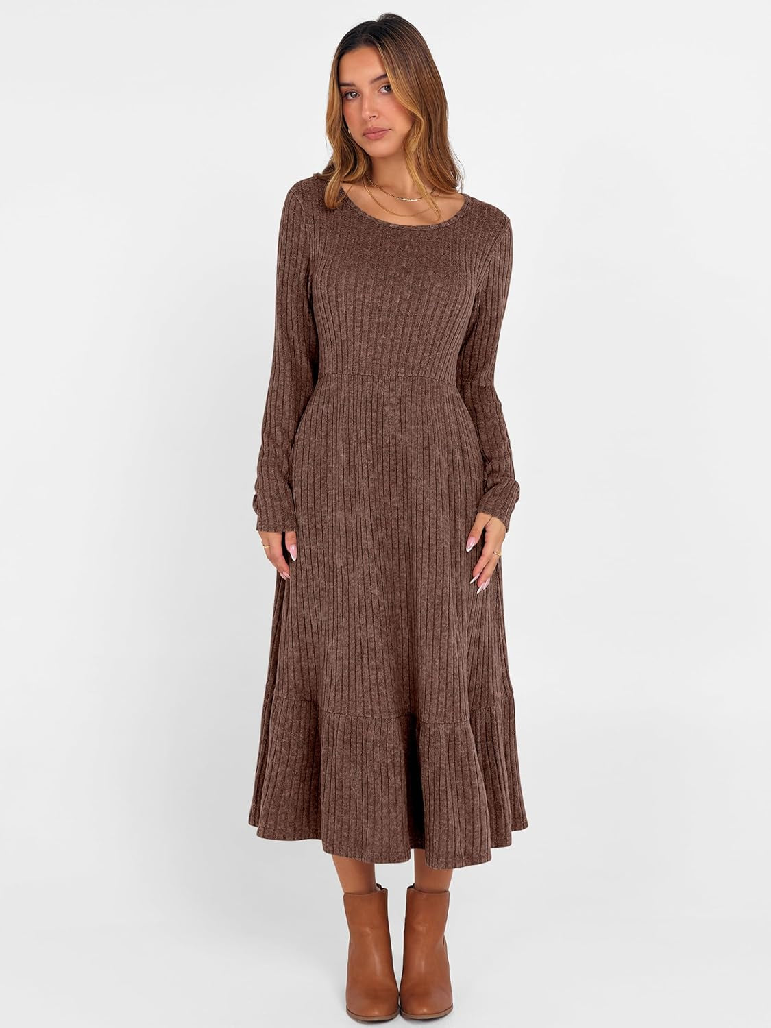 Womens Long Sleeve Midi Dress 2025 Fall Rib Knit Crew Neck a Line Soft Flowy Swing Dresses with Pocket Casual Trendy