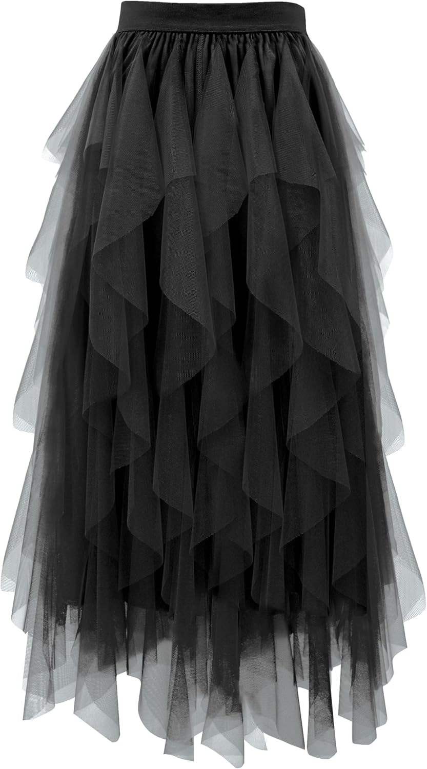 Tulle Skirts for Women a Line Fairy Tiered Skirt Midi Length High Elastic Waist Long Skirt