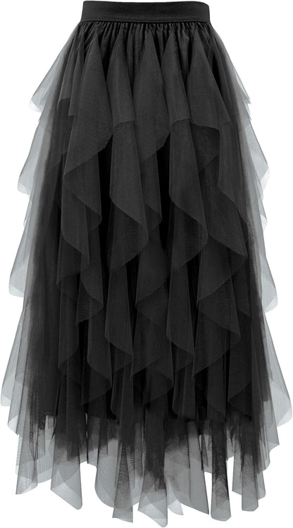 Tulle Skirts for Women a Line Fairy Tiered Skirt Midi Length High Elastic Waist Long Skirt