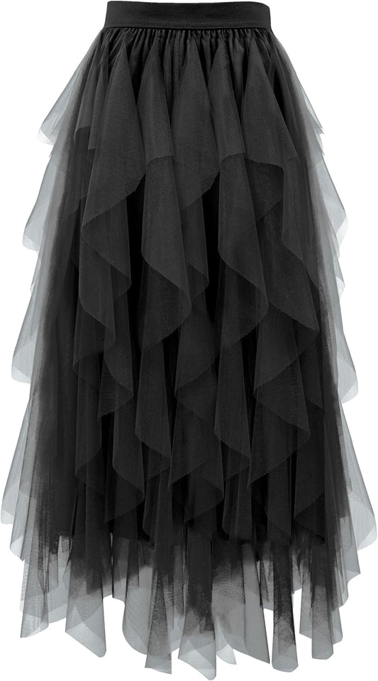 Tulle Skirts for Women a Line Fairy Tiered Skirt Midi Length High Elastic Waist Long Skirt