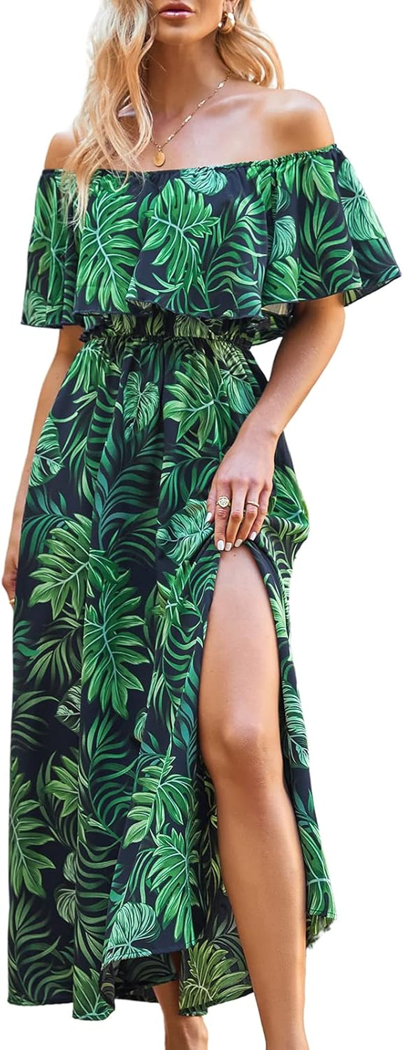Women Ruffle Floral Maxi Summer Dress off Shoulder Short Sleeve Backless Flounce Bodice Slit Hem Beach Dresses