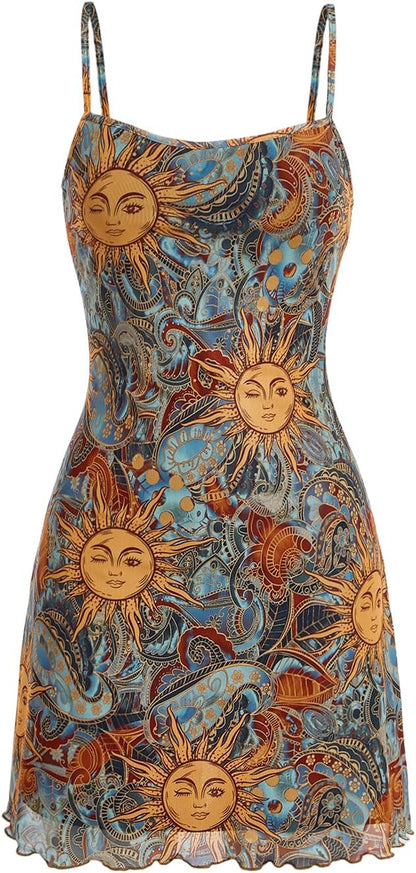 Women'S Vintage 90S Mini Dress Spaghetti Strap Boho Mesh Short Dresses