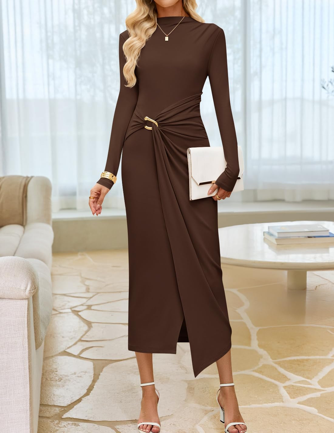 Women'S 2025 Fall Long Sleeve Bodycon Dress Mock Neck Wedding Guest Cocktail Party Long Midi Dresses
