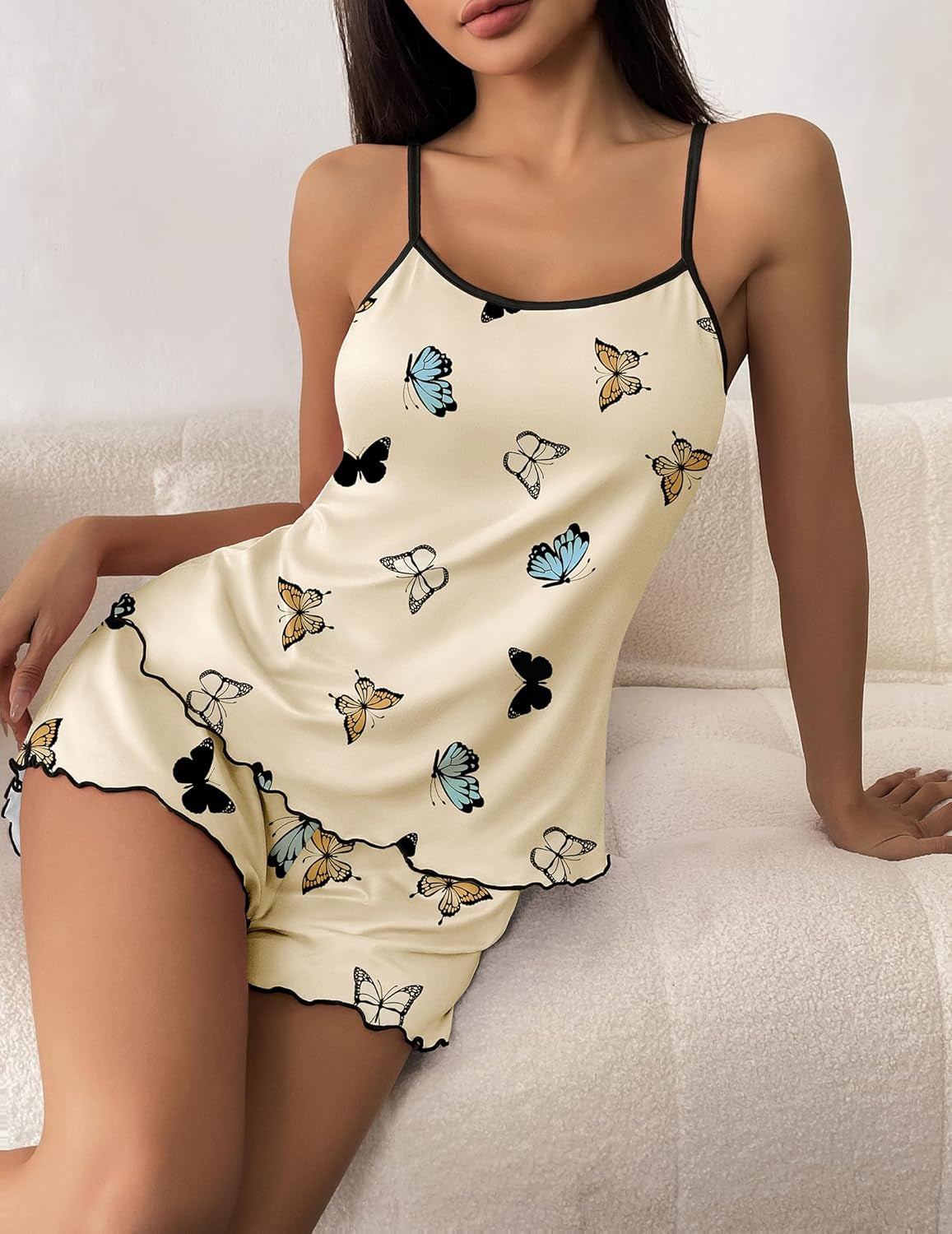 Womens Cami Pajama Sets 2 Piece Cute Print Pjs Soft Tank Top & Elastic Waist Shorts Camisole Lounge Set