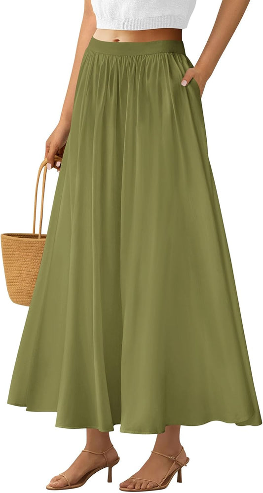 Women'S Maxi Skirts 2025 Summer Trendy Ruffle High Waisted Casual Long Flowy Skirt with Pockets