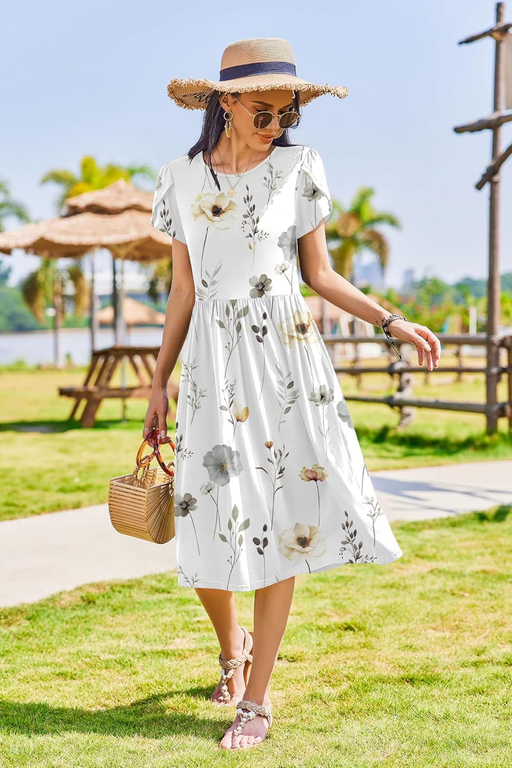 Women Summer Short Sleeve Midi Dress with Pockets Casual Aline Flowy Tshirt Dress Floral Vocation Beach Sundress